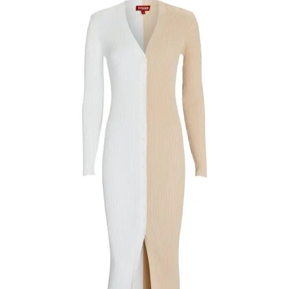 STAUD Elegant White and Tan Colorblock Ribbed Knit Long Sleeve Dress